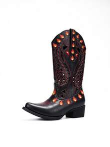 Giày bốt cao cổ đến giữa bắp chân, kiểu dáng retro, chất liệu vải khoét rỗng, họa tiết thêu ngọn lửa. - màu đen - Xem 1