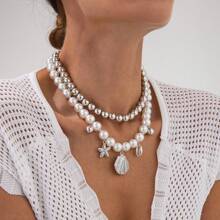 1 pièce Collier pendentif avec coquillage, étoile de mer et conque, chaîne de clavicule en perles fausses CCB minimaliste pour femmes
