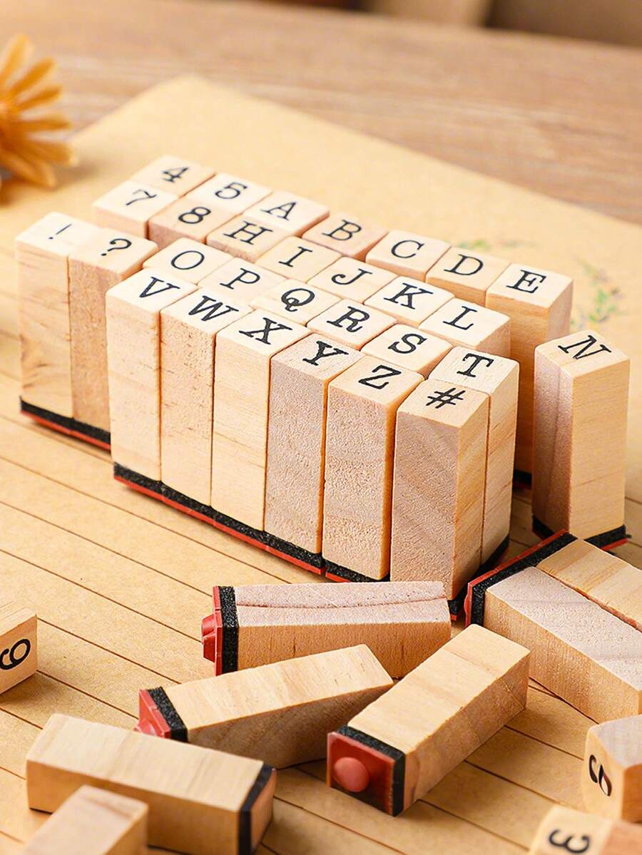 40Pcs/Set Wooden Rubber Stamps, Alphabet Letter/Number Stamps Stamper Seal Set, For DIY Journals, Scrapbooks And Crafts, Personalized Art - Seal - View 1