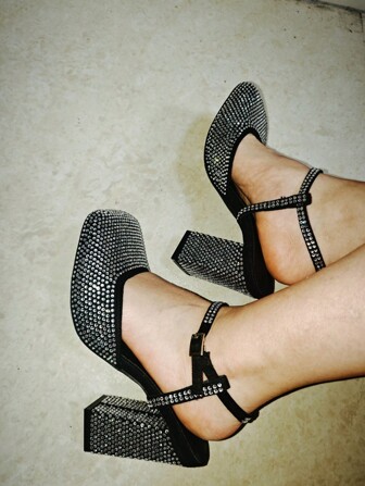 2025 春夏新款优雅派对粗跟高跟凉鞋，方头，水钻装饰，性感露跟玛丽珍女式正装鞋