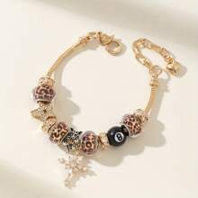 1 pieza Pulsera ajustable con dije de bola 8, dije de estrella y cruz, dije de tiempo y estampado de leopardo, estilo para parejas