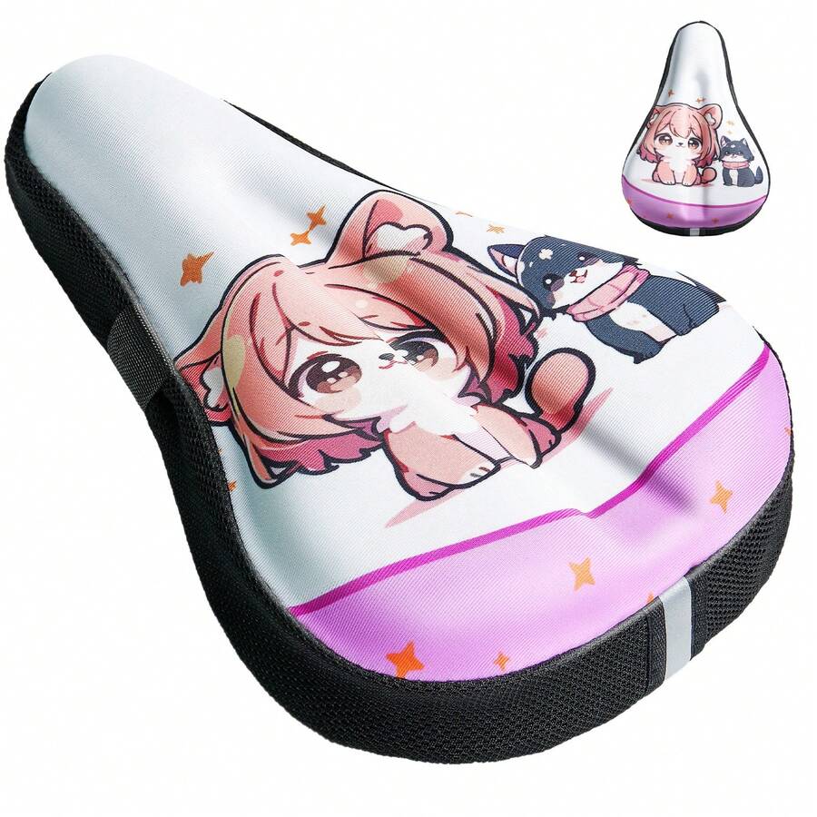 1pc Bike Seat Cushion For Boys Girls, Gel Padded Bike Seat Cover, Extra Soft Gel Memory Foam Little Rider Bicycle Saddle 9"X6", Cute Dog & Cat Design - White - View 1