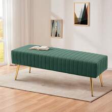 FURNIMART Fumahome Banco de Cuero Sintético para Pie de Cama con Patas Doradas, Banco Moderno con Botones Acolchados para Entrada, Lujoso Banco Otomano para Decoración de Sala de Estar - Verde - Ver 6