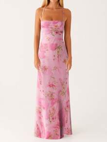 Women's Y2K Summer Maxi Dress Floral Print Sleeveless Cami Long Dress Cross Tie-Up Backless Fashion Spaghetti Strap Dress Beach Vacation Streetwear - 粉色 - 查看 2