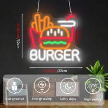 1 pezzo Insegna al neon di hamburger e patatine per decorazione da parete, luce al neon di hamburger e patatine francesi di 32,0 cm x 30,0 cm , segni di fast food per casa, ristorante, bar, caverna dell uomo, decorazione, Eid Al-Adha Mubarak