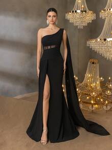 Faeriesty Elegant One-Shoulder Evening Gown With Fishbone Structured Slimming Silhouette & Floor-Length Skirt - Perfect For Luxury Weddings, Red Carpet Appearances, Art Gallery Dinners, And Executive Business Dinners - Black - View 5