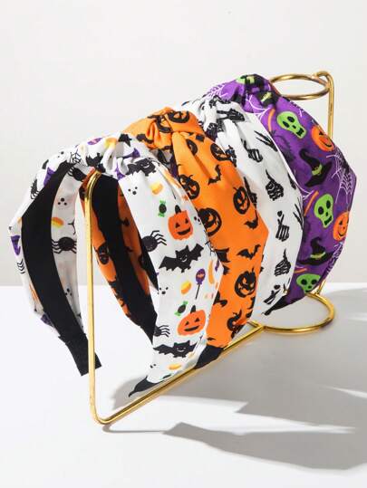 1 szt. Damska opaska na głowę z nadrukiem czaszki, dyni, nietoperza i pająka na Halloween, ozdobna na imprezę świąteczną, odpowiednia na lato, opaska do włosów, obręcz do włosów, horror, akcesoria do włosów, akcesoria festiwalowe, niezbędne na Halloween