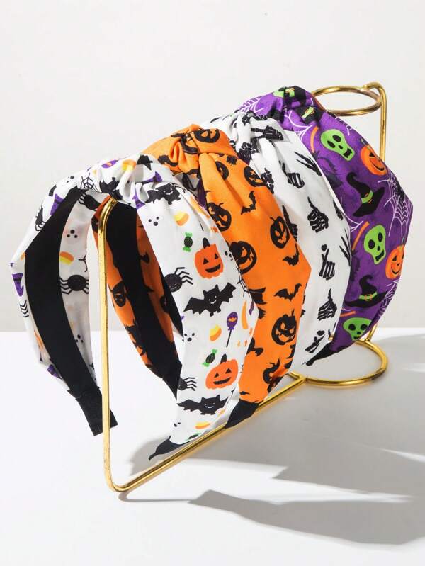 1pc Women Halloween Skull, Pumpkin, Bat & Spider Printed Fabric Criss-Cross Headband, Holiday Party Hair Accessory, Suitable For Summer, Hair Band, Hair Hoop, Horror, Hair Accessories, Festival Accessories ,Halloween Costumes Holiday Essential