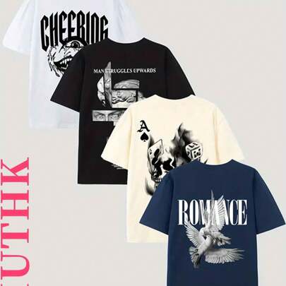 (220 Cotton T-Shirt) 4-Piece Set With Letters' CHERING 'and Pigeon Print For Men's Summer Round Neck Short Sleeved Casual Cotton Print