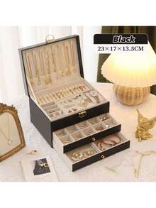 三层双选仿皮珠宝收纳盒，精致项链耳环金首饰手镯盒，大容量珠宝整理盒，带锁和柔软内衬抽屉 - 送给女性的理想情人节礼物 - 彩色 - 查看 13