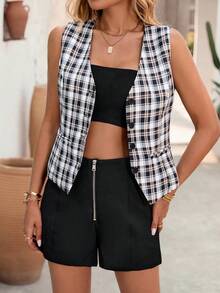 Damen Retro Karomuster Weste, modischer V-Ausschnitt Büro Lässig vielseitiger einzigartiger hochwertiger Boutique Weste, gewebter Stoff mit falschen Taschen für Frühling Sommer Herbst