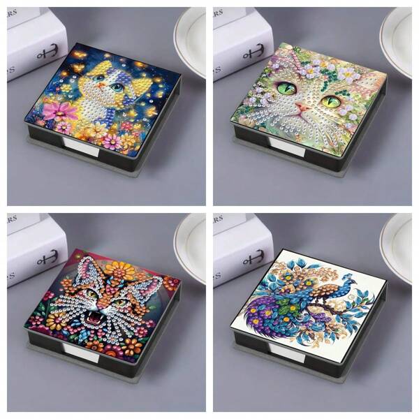 1 Pc 5D Diamond Painting Kit, Bookmark/Storage Box, Special Shape Crystal Rhinestones, Cat & Peacock Pattern DIY Diamond Mosaic Memo Holder, 150pcs Sticky Notes Included, Suitable For Storing Notes And As Desk Decor
