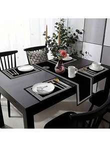 7pcs/Set Geometric Greek Key Design Placemats & Table Runners, Washable Navy Blue Dining Table Mat For Restaurant, Kitchen, Outdoor Party Decoration - Black - View 7