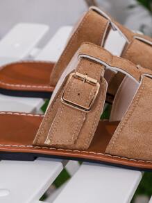 European&American New Hollow Out Woven Flat Slide Sandals With Buckle, Versatile To Pair With Dresses, Casual Beachwear, Retro Style Slip-On Open Toe Breathable Non-Slip Mules For Women