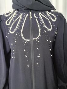 Elegant Solid Color Women's Robe, Western & Retro Style, Black Long Sleeve Abaya Jalabiya With Zipper, Pearls & Rhinestones, Modest Kaftan