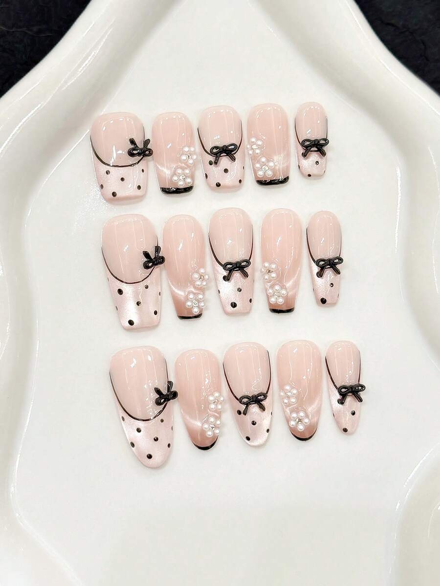 10片芭蕾舞甜心猫眼蝴蝶结仿珍珠花朵法式波点手工美甲亚克力按压式美甲夏季美甲甜美可爱短棺材/长椭圆法式假指甲返校全覆盖指甲贴片，含果冻胶和指甲锉，DIY美甲用品手工按压式美甲 - 粉色 - 查看 1