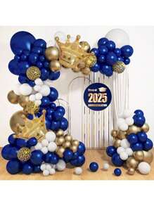 142 Blue Sapphire And Gold Decorative Balloons, Decorated With A Navy Blue Balloon Garland Set, Gold And White Confetti, Aluminum Foil Crown, Suitable For 2025 Graduation, Bridal Party, Birthday, Party Decoration.