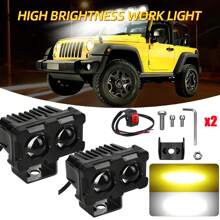 Heyword 2pcs White + Yellow Motorcycle LED Headlight Mini Driving Lamp Fog Light 12V/24V Universal Dual-Color Projector Lens With Switch, Fit For ATV Scooter Auxiliary Spotlight Motorcycle Accessories