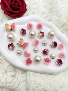 24pcs Pink Flower & Butterfly, Pink Ombre Rose, Purple Ombre Rose ABS Pearl Shoe Clips For Women, Multifunctional Sandal, Slipper, Beach Bag Accessories, Suitable For Holidays, Birthday Party Gifts