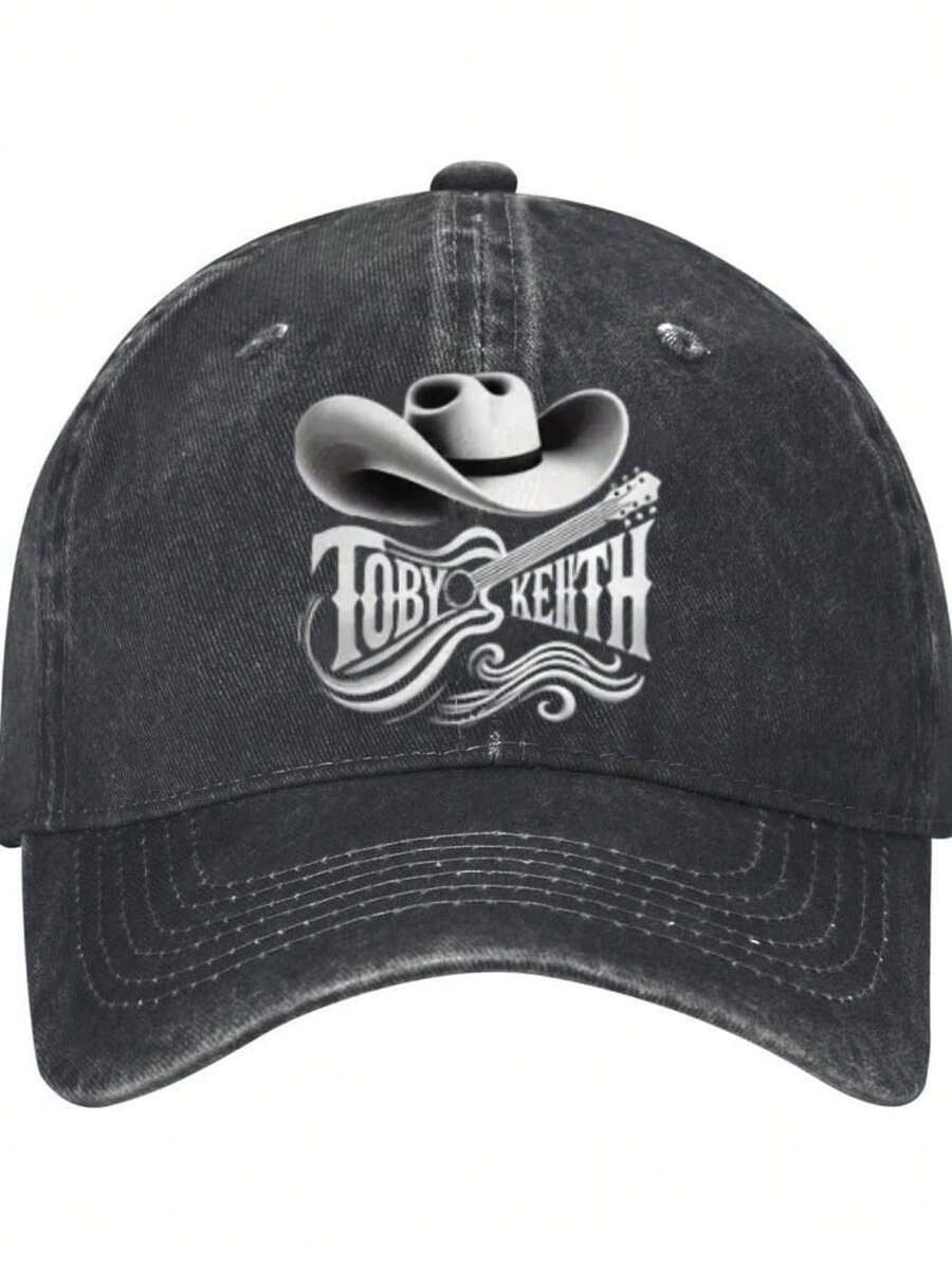 Denim Hat With Toby Keith Branding Motif Print, 100% Cotton Denim Hats, Baseball Caps, Trucker Caps. The Arched Brim Design Is Adjustable. - Black - View 1