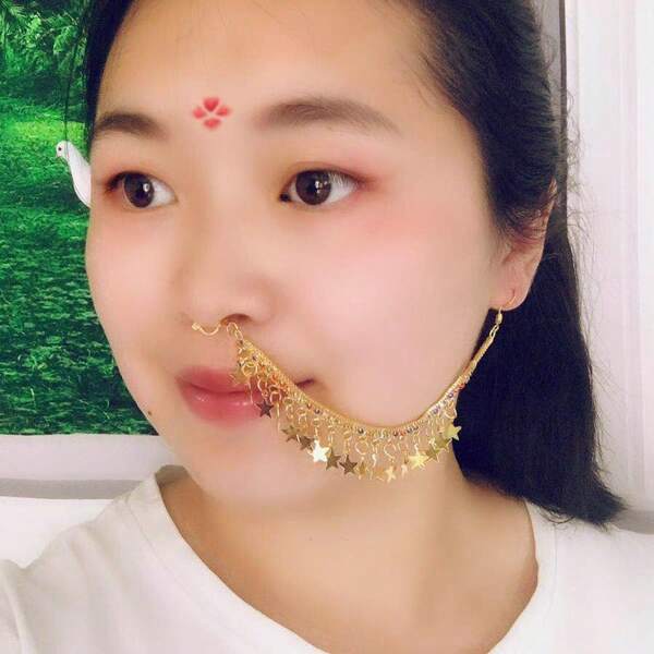 1 Stück modischer, eleganter Ohrschmuck aus Legierung in Goldfarbe mit farbigen Strass-Sternen an langer Kette, Bauchsrippen-Tanz-Accessoires mit Ohrhaken, Nasenclips, Haarhaken, Schmuck geeignet für Männer und Frauen für den täglichen, freizeitlichen, partymäßigen Gebrauch, Dekoration, Tanz, als Urlaubsgeschenk