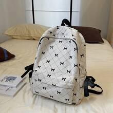 可爱撞色蝴蝶结褶皱个性化柔软女生背包，大容量适合旅行、购物、携带书籍和衣服，学校背包，可爱蝴蝶结背包返校必需品 - 米色 - 查看 2