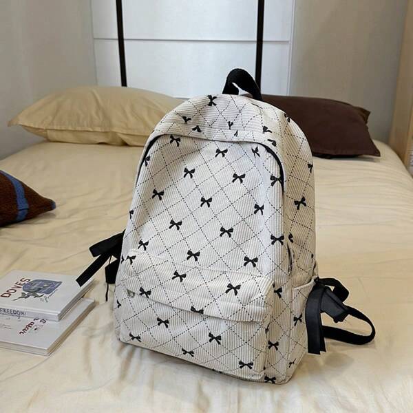 Cute Colorblock Bow Pleated Backpack, Feminine Style Student Backpack Suitable For Travel, Casual Wear And Fit Laptop, Large Capacity