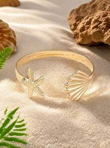 1pc Ocean Elements Stainless Steel Starfish & Seashell Bangle Bracelet, Suitable For Women Everyday Wear