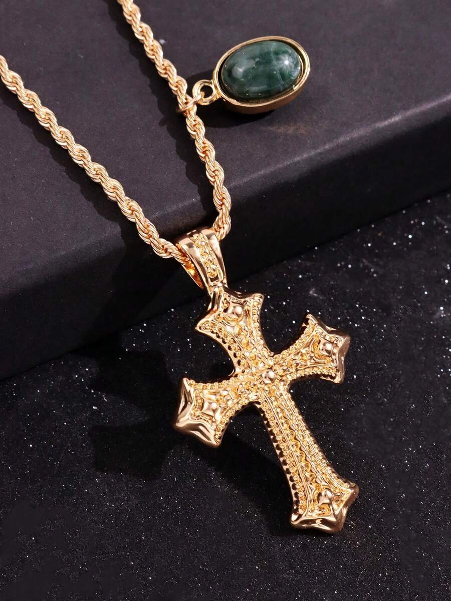1pc Fashionable Vintage Retro Hip Hop Street Style Luxurious Punk Personalized Green Gem Cross Pendant Necklace For Men, Daily Streetwear Accessories - Multicolor - View 1
