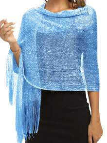 Chal metálico azul claro con brillo, elegante, delgado y transpirable con flecos, chal exterior para vestidos de fiesta y banquete de mujer - azul cielo - Ver 2