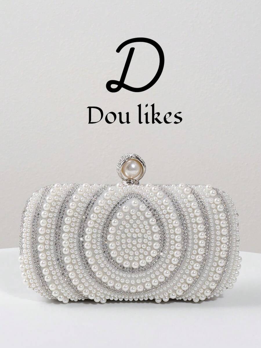 珍珠装饰派对手拿包，优雅旗袍手提包，高端订婚钱包，适合正式场合 - 銀色 - 查看 1