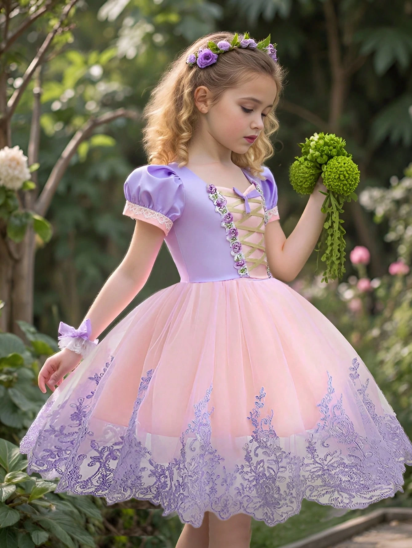 Elegant Lace Trim Tulle &Amp; Satin Puff Skirt Dress For Young Girls, Suitable