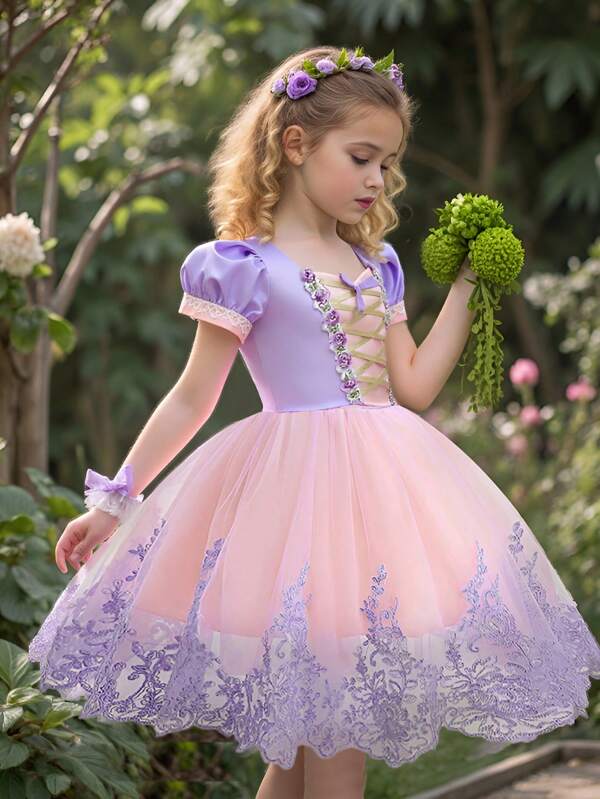 Vestido acampanado de tul y satén para niñas con ribete de encaje, vestido elegante para fiesta de cumpleaños, actuaciones, sin incluir accesorios para el cabello