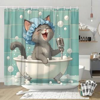 1 Pc Cartoon Cat Shower Curtain, Durable Polyester Fabric, Waterproof, Punch-Free And Easy To Install, Suitable For Home, Hotel, Vacation,Cat Lover Gift,Bathroom Curtains Shower Set With 12 Hooks, McBa Cat Singing