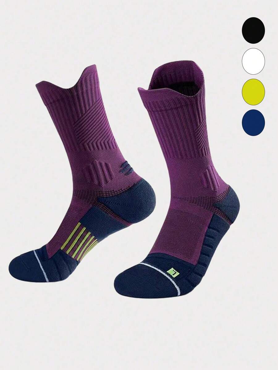 1/2 Pairs Purple Mesh Crew Socks For Men, Professional Basketball, Outdoor Sports, Moisture Wicking, Non-Slip, Cushioned, Elastic, Breathable, Fall