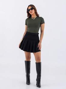 Women's Suplex Blouse, Short Sleeve, Fitted, Basic, Comfortable, Lined - Verde militar - Ver 4