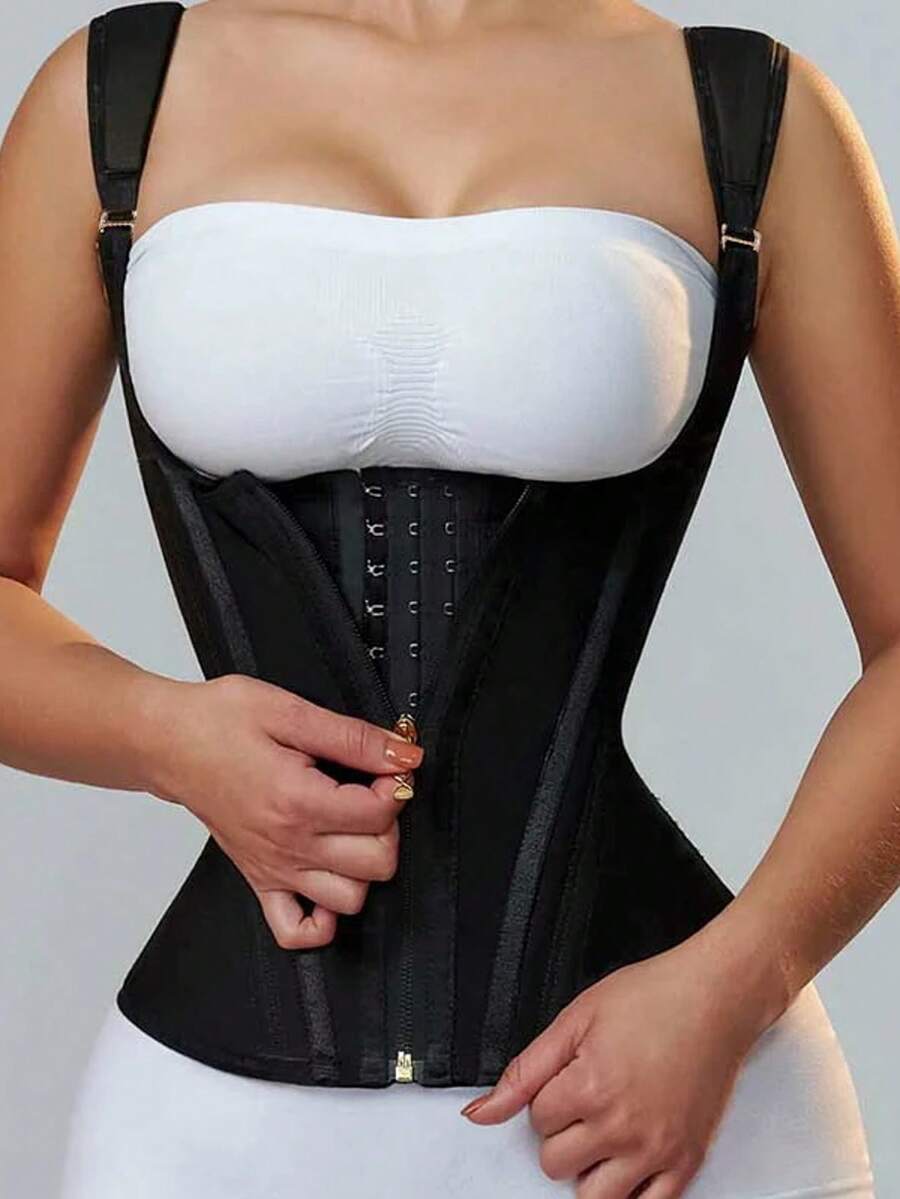 Fajas Colombianas Women Double Compression Waist Trainer Corset With Bone Adjustable Zipper And Hook-Eyes Flat Belly Body Shaper - 黑色 - 查看 1