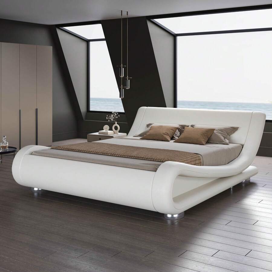 SHA CERLIN Full/Queen/King Size Upholstered Bed Frame, Deluxe Low Profile Sleigh Bed With Faux Leather Ergonomics Headboard, No Box Spring Needed & Easy Assembly, White - 白色 - 查看 1