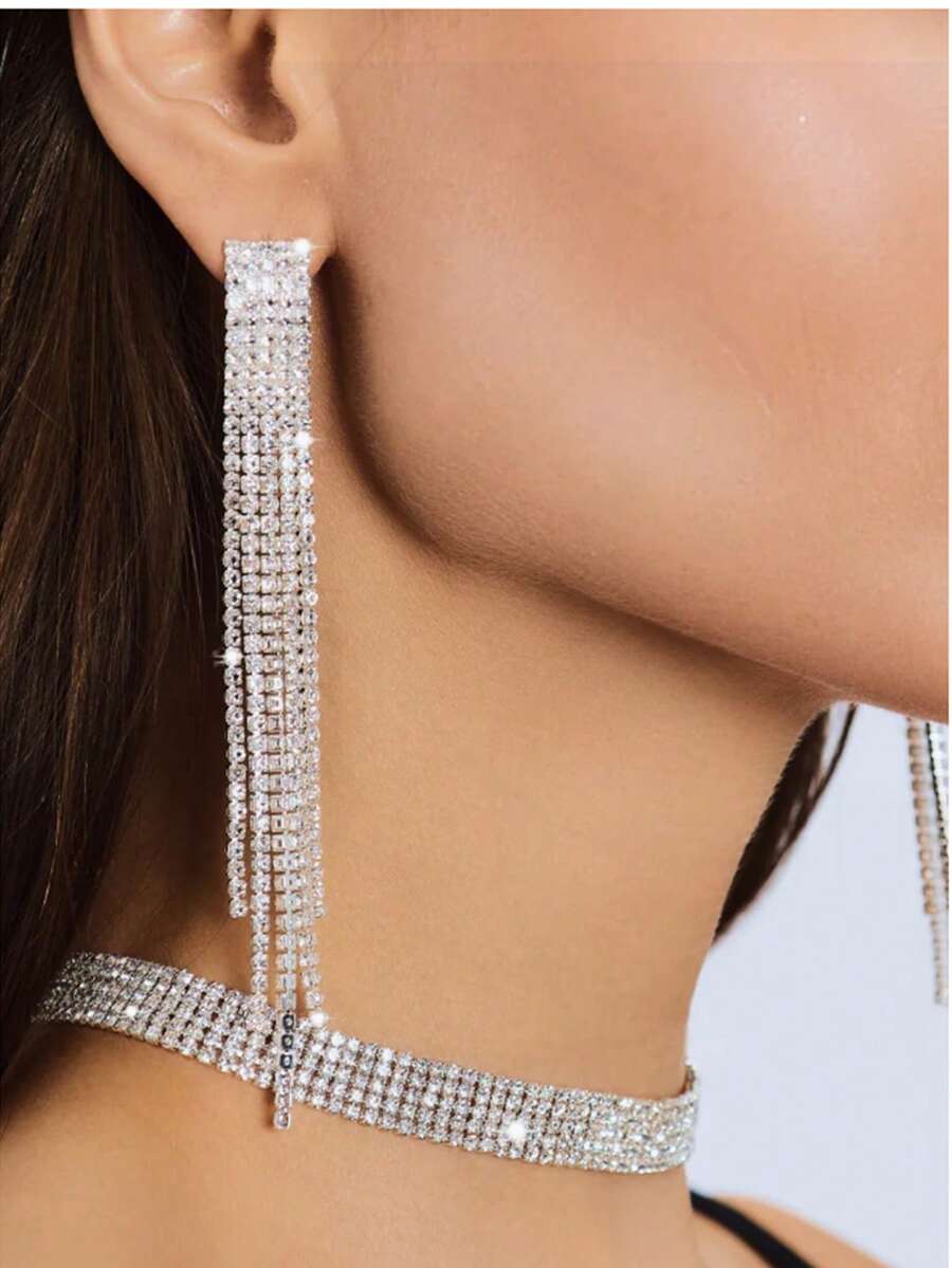 全水晶十字架配长流苏耳环，闪亮水钻新娘婚礼耳环，时尚方晶锆石耳饰吊坠礼物，适合女孩、派对 - EH-6006 銀色 - 查看 1