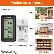 1pc GEEVON Wireless Indoor/Outdoor Digital Thermometer Hygrometer With Time, 200ft/60m Range Temperature Humidity Sensor, No Battery Included, Main Device Does Not Have Transmitting Function - Black - View 3