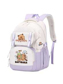 Extra Large Capybara Print Backpack - Cute Patchwork Design, Nylon Material, Lightweight Student Backpack Suitable For High School And College, Korean Style