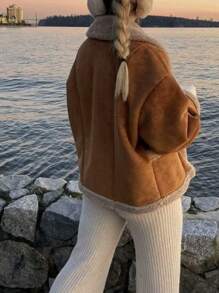 1 Peça Casaco Feminino Vintage de Lã Solta com Gola de Pele, Outono/Inverno