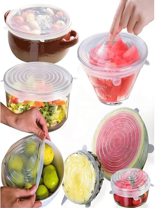 6pcs Reusable Silicone Stretch Lids - Durable, Storage Lids For Bowls, Cups And Containers, Dishwasher And Refrigerator Friendly, Kitchen Essentials, Food Storage Accessories | Elastic Container Lids | Silicone Material, Silicone Storage Lids,Wear Resistant
