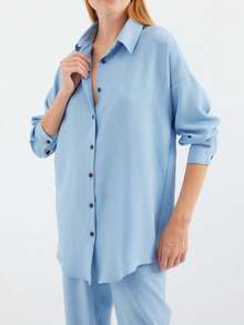 Solid Color Elegant Zipper Pocket Button Up Office Blouse - Blue - View 4