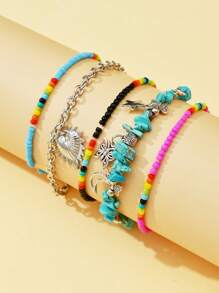 3pcs/5pcs Multi-Color Fashion Bohemian Faux Pearl, Natural Shell, Starfish, Seashell, Butterfly Pendant Beaded Necklace & Bracelet Set, Suitable For Valentine's Day, Best Friends, Family, Beach, Party, Gift, Daily Wear For Women