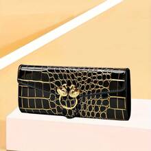 Retro Crocodile Print Wallet With Golden Snake Clasp - Long Multi-Layer Zipper Card Case For Women, Black And Gold Retro Design
