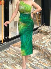 Women's Elegant Asymmetrical Neck Sleeveless Ruched Split Thigh Midi Cocktail Dress