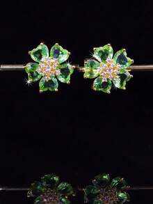 oudina 1 对轻质奢华锆石绿色花卉耳环，适合女性日常佩戴 - 綠色 - 查看 8