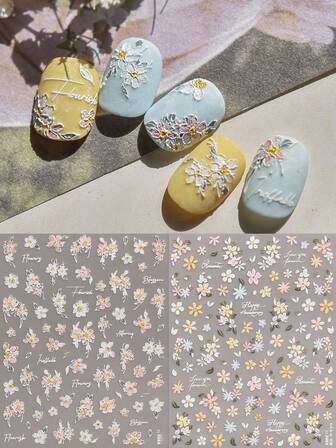 2 件彩色油画花卉浮雕美甲贴纸，精美浮雕美甲贴纸，油画小花美甲浮雕贴纸，彩色花卉印花 5D 自粘指甲设计，适用于水晶指甲、半月板和女孩美甲用品，节日礼物，Y2K，DIY