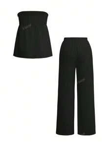 Vaiaye Women's Summer Sexy Bandeau Solid Color Vest Trousers Woven Two Pieces Set
